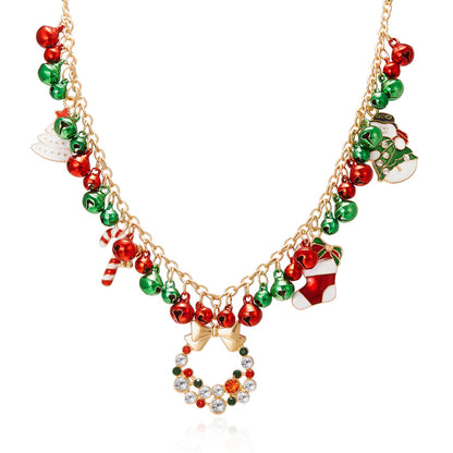 Christmas-themed Necklace for Women, Santa Claus Wreath Rhinestone Pendant, Christmas Bell and Tree Sweater Chain