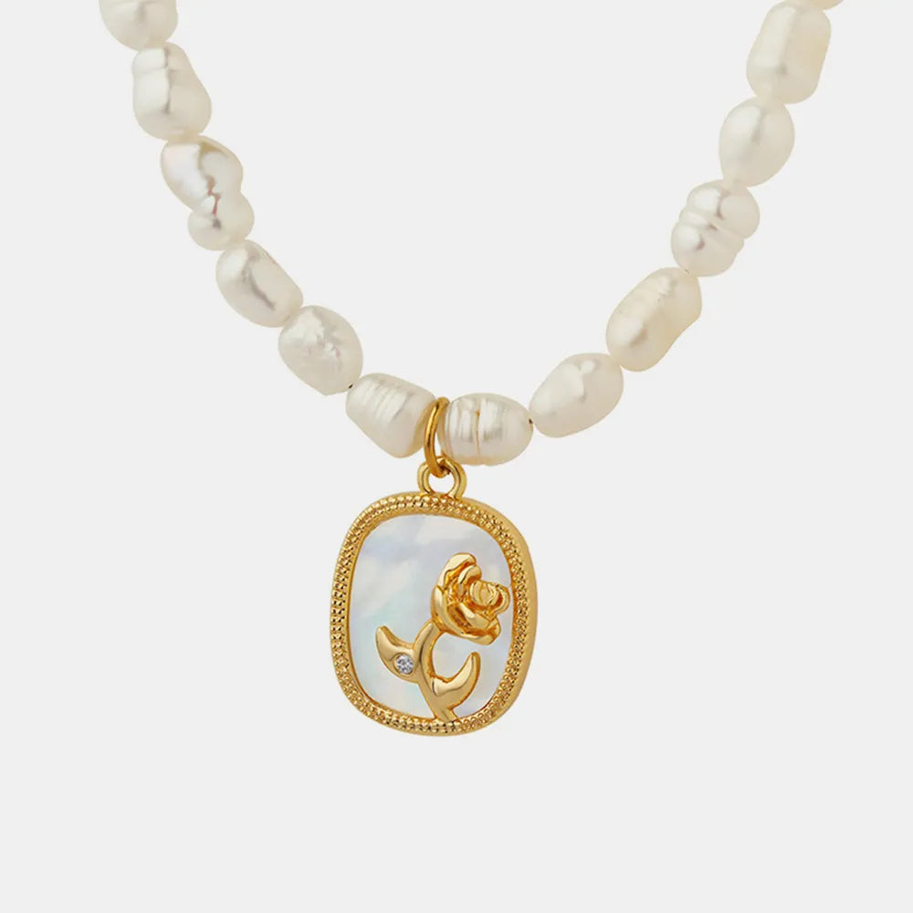 French Baroque freshwater pearl chain oval plate inlaid with zircon colored shell relief flower necklace